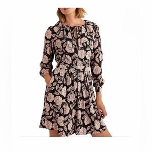 NWT Boden Floral Metalic Ruffle Mini Long Sleeve Spring Black Cream Dress Sz 10